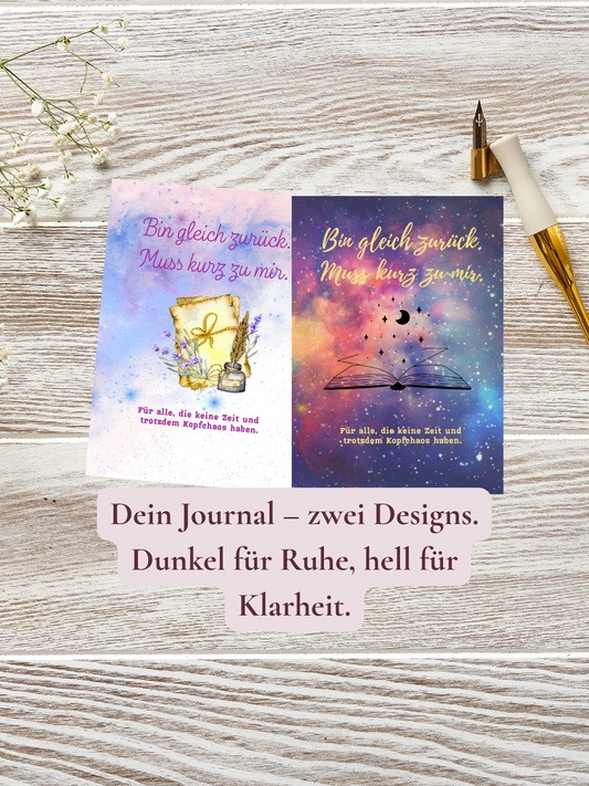 Zwei offene Softcover-Journals liegen nebeneinander. Die linke Version hat dunkle Seiten mit hellen Illustrationen, die rechte helle Seiten mit sanften, farbigen Zeichnungen.