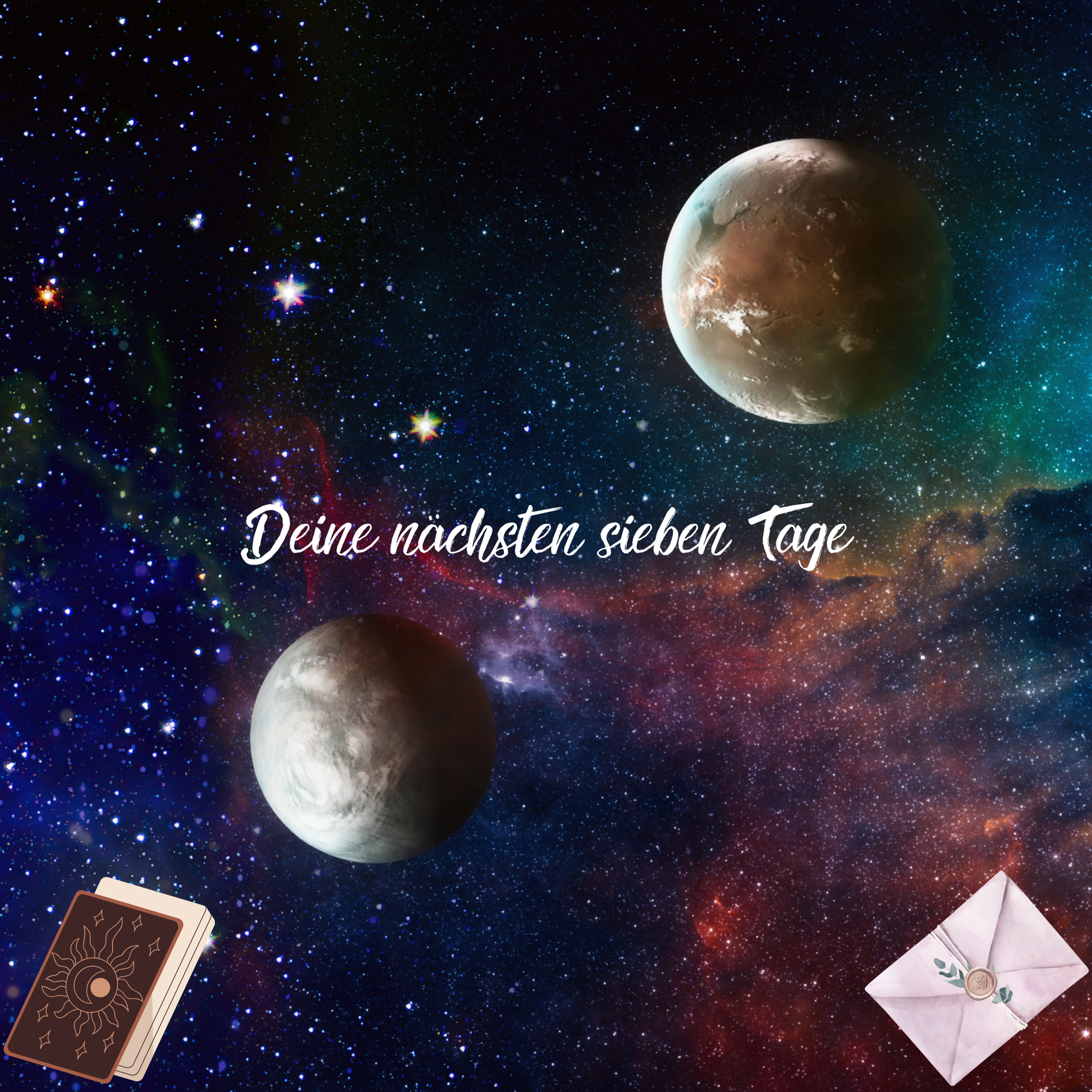 Ein Set aus sieben Tarot-Karten, die in einer Reihe von links nach rechts angeordnet sind, beschriftet mit den Wochentagen von Montag bis Sonntag.