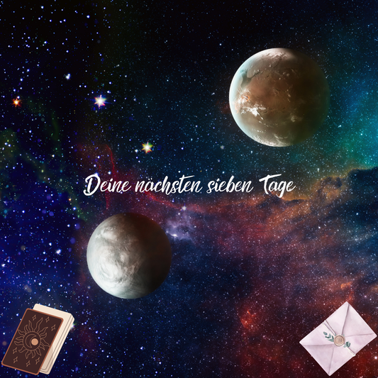 Ein Set aus sieben Tarot-Karten, die in einer Reihe von links nach rechts angeordnet sind, beschriftet mit den Wochentagen von Montag bis Sonntag.
